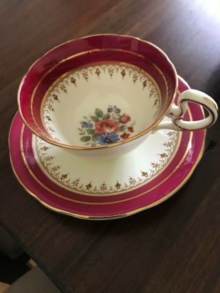 Aynsley Bone China White Gold Burgundy Red Tea Cup & Saucer England - Gold Trim