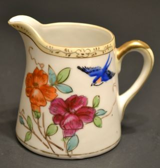 Vintage Nippon Creamer Pitcher Hand Painted W Gold Trim Flowers Bluebird Euc