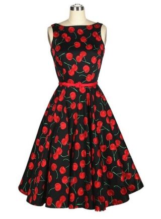 Pre - Owned Black Vintage Red Cherry Print Sleeveless Swing Dress Skirt Small