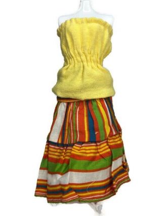 Vtg Barbie Yellow Cotton Strapless Top & Orange Green White Ruffled A Line Skirt