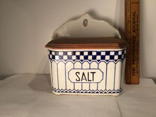 Antique/vintage Blue & White Checked Salt Box Wooden Top