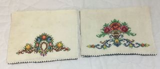 Two Vintage Tea Towels Or Guest Towels,  Very Light Beige,  Embroidered Flowers