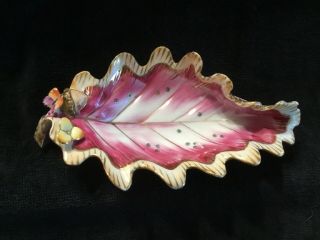 Vintage Ucagco China Leaf Trinket Dish W/ Butterfly Pink Gold White Mcm