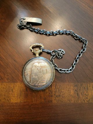 Vintage Timex Mechanical Mens Train Pocket Watch Gold Tone Case With Chain
