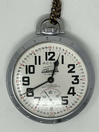 Vintage Accro Pocket Watch Railroad Runs Strong 17 Jewels