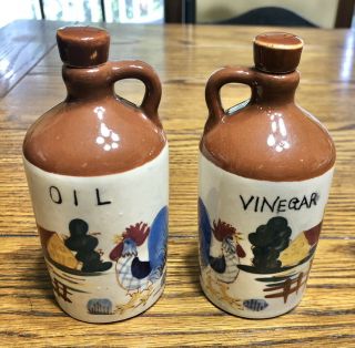 Vintage Relco Japan Brown Jug Farm Chicken Rooster Vinegar & Oil Set Cork Tops