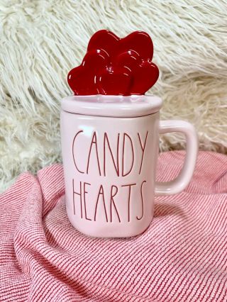 Rare Rae Dunn Pink “candy Hearts” Ceramic Mug With Red Hearts Topper Htf