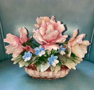 Vintage Capodimonte Large Porcelain Flower Arrangement 9 " X 7 " Rose Nr