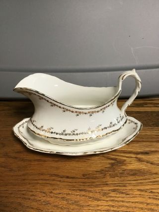 Vintage Homer Laughlin Hudson Gravy Boat With Detached Plate With Gold Trim