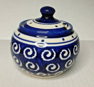Boleslawiec Polish Pottery Handmade Blue And White Peacock Sugar Bowl With Lid
