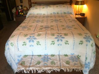 Vintage Green Blue White Floral Poly Chenille Bedspread 120x102 Cottage Cabin