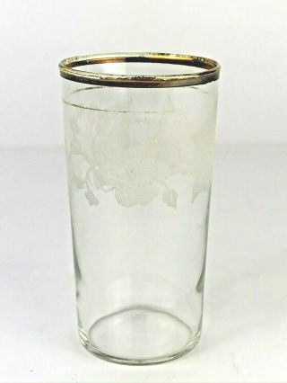 Vintage Clear Glass With Gold Rim & Frosted Leaves Straight Side Tumbler 5.  25 " T