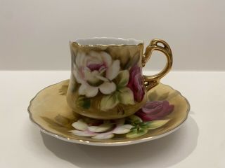 Lefton Brown Heritage Floral Porcelain Tea Cup And Saucer Gold Trim