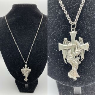 Vintage Pewter Dragon & Cross Pendant & 31 " Chain Necklace Unisex Grey Metal
