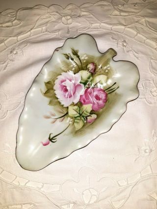 Lefton Green Heritage Pink Roses 7 1/4 " Leaf Candy Dish W/sticker