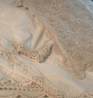 Vintage Crochet Bed Skirt Dust Ruffle King Beige Farmhouse W Pillow Shams