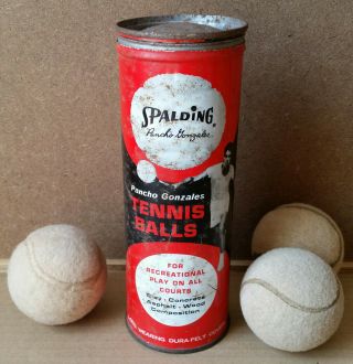 Vintage Spalding `pancho Gonzales` Tennis Ball Metal Tin & 3 Tennis Balls