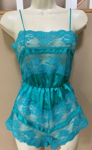 Vtg 70s Texsheen Turquoise Silky Nylon & Lace Teddy Romper One Piece Lingerie S
