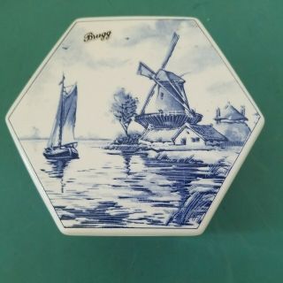 Vintage Hand Painted Delft Blauw Blue&white Hexagon Ceramic Trinket Box Belgian