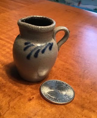 Rowe Pottery Salt Glaze Stoneware Batter Pitcher Cobalt Blue Miniature 1 5/8”