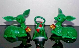 2 Vintage Lefton Green Deer Fawns W/holly & Bells & Green Bell W/holly Berries