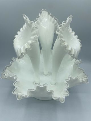 Vintage Fenton White Milk Art Glass Silver Crest 3 - Horn Epergne Vg/ex