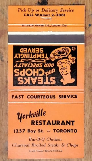 Vintage Matchbook Toronto Ontario Canada Yorkville Restaurant