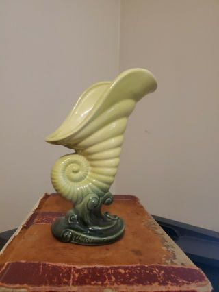 Vintage Hull Art Pottery Green Shell / Cornucopia Vase Footed