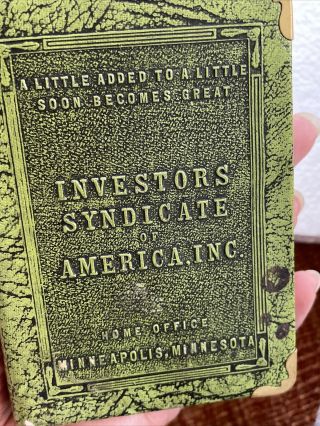 Vintag Embossed “investors Syndicate Of America” Coin Bank Book Zell Co.  - No Key