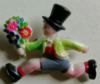 Vintage Czech Art Deco Hand Painted Celluloid Boy With Flowers Pin Brooch - Green