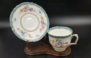 Vintage Bone China Tea Cup & Saucer Crown Staffordshire Teal Floral Motif