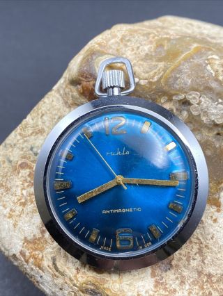 Vintage German Ruhla Antimagnetic Rare Blue Dial Pocket Watch 1960 