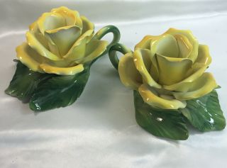 Vintage Porcelain Capodimonte Style Italian Yellow Rose Candleholder Stunning