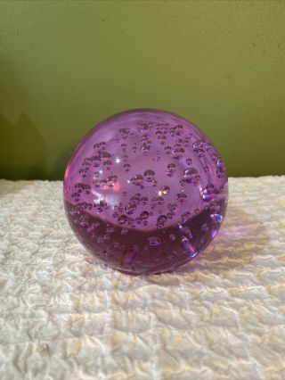 Vintage Hand Blown Glass Controlled Bubble Glass Art Paperweight Pink/purple