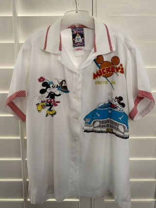Disney Vintage White Mickey Mouse “drive In” Large Button - Front Shirt