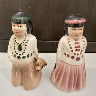 Vintage Rare Salt Pepper Shakers Native American Indian Brother And Sister,  Dog