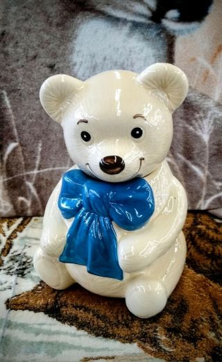 Metlox Teddy Bear W/ Blue Tie Cookie Jar Ceramic California Made In Usa