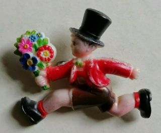 Vintage Czech Art Deco Hand Painted Celluloid Boy With Flowers Pin Brooch - Red