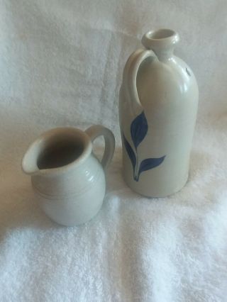 Williamsburg Pottery Blue Leaf Jug Candle Holder & Maron Pottery Pitcher 2