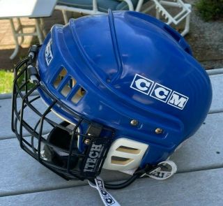 Vintage CCM HT2 Blue Hockey Helmet Rare Adjustable Adult Fit With Itech Cage 2