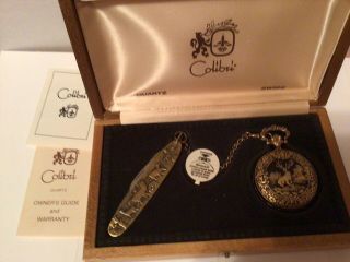 Rare Vintage Colibri Swiss Gold Tone Deer Pocket Watch & Knife Box Set