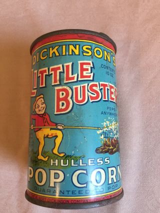 Vintage Dickinson’s Little Buster Hulless Popcorn Tin Can 10oz Great Graphics