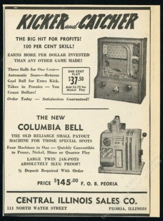 1947 Columbia Bell Slot Machine Kicker And Catcher Game Vintage Trade Print Ad