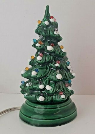 Vintage Miniature 7 " Tall Green Ceramic Christmas Tree W/base - Pegs - Bulb - Cord @