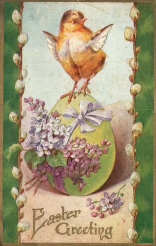 Vintage Postcard 1911 Easter Greetings Religious Chick On Egg Embossed