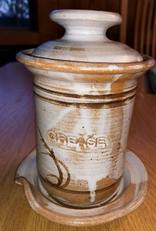 Vintage Pottery Grease Drippings Jar With Lid & Plate - 7 " Tall - Signed