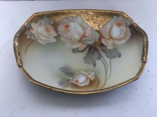 Rs Germany Rose Plate With Handles Hand Painted Porcelain With Gold Trim