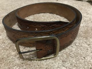 Vintage Full Grain Steer hide Brown Leather Belt Embossed Size 40 2