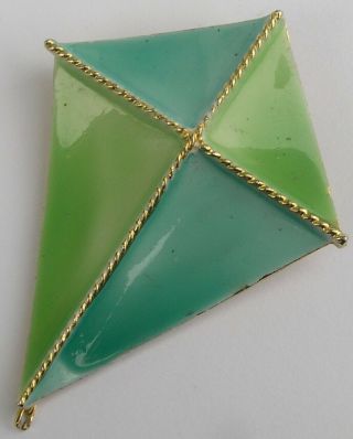 Vintage Signed JJ ' s Enamel Kite Pin Two Tone Green 2