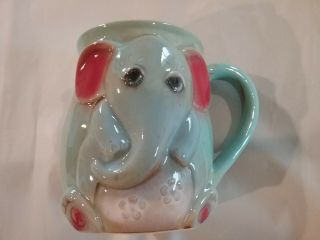 Elephant Stoneware Coffee Mug Blue Pottery With 3d Relief Elephant